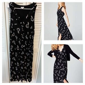 J. Jill sz L Black Vneck Faux Wrap Slveless Crinkle Maxi Black White Floral
